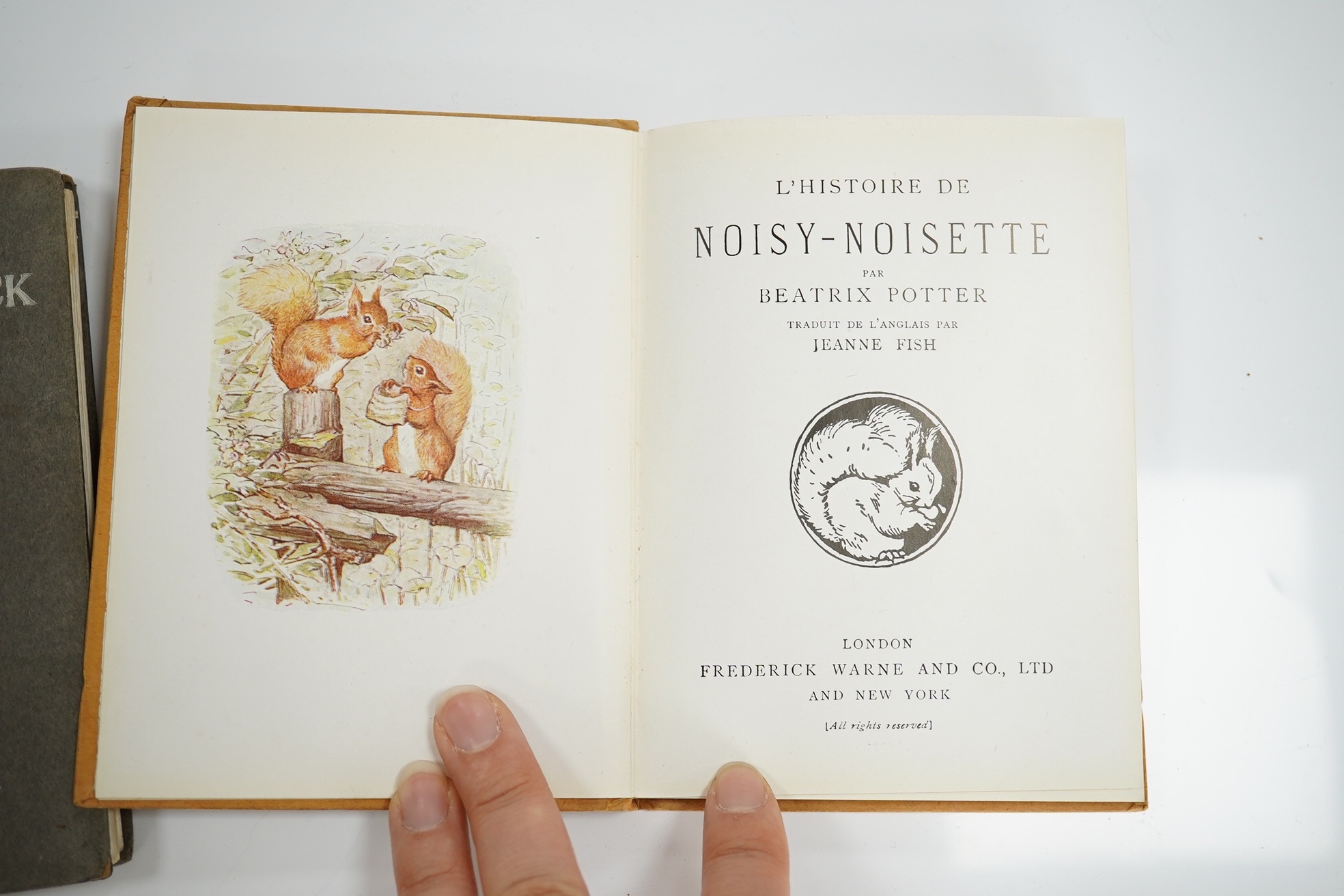 Potter, Beatrix - The Tale of Jemima Puddle-Duck. First Edition. title illus., frontis and 26 other coloured illus.; white lettered grey paperboards with a mounted coloured illus. on upper - having 'arrowhead' shaped cor